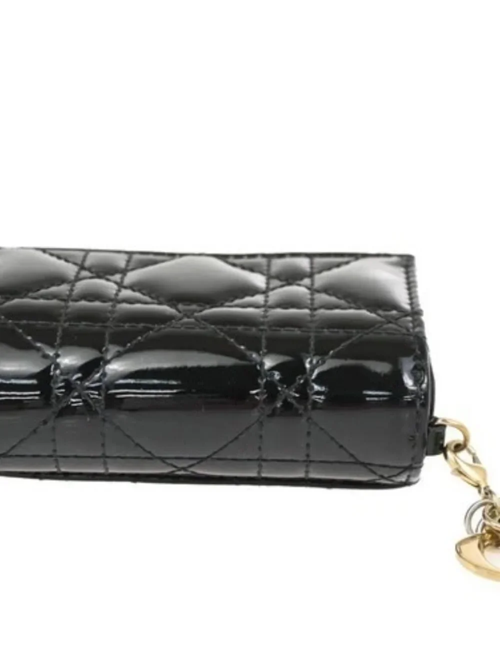 CHRISTIAN DIOR Logo Cannage Trifold Compact Wallet Patent Leather Black 34KC613